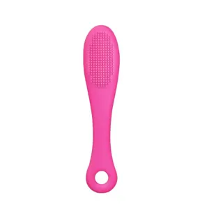 Pink silicone bath massage brush with soft bristles and hanging hole for body and scalp care.