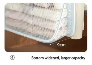 Hanging mesh underwear storage bag detail showing widened bottom design and large capacity.