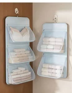 Hanging mesh underwear organizer detail view, breathable multi-tier storage bag for closet.