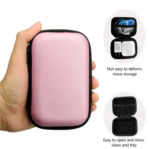 Pink rectangular zipper storage bag for earphones, cables, and coins with mesh pocket.