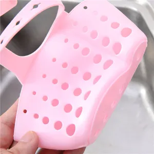 Pink adjustable sink hanging storage basket, kitchen sponge drain bag, plastic holder.