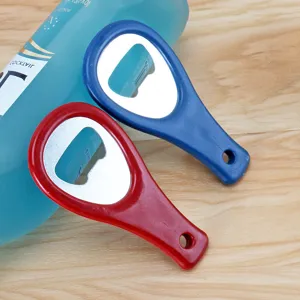 Portable plastic beer bottle opener set with metal cap lifter, red and blue kitchen tool.