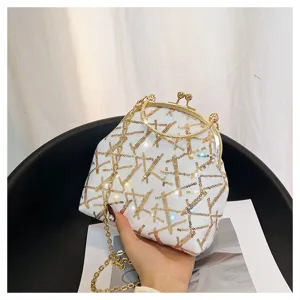 Elegant white shell bag with gold sequins, kiss-lock closure, and metal chain strap