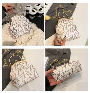Detailed views of white shell bag with gold sequins, clip closure and chain strap