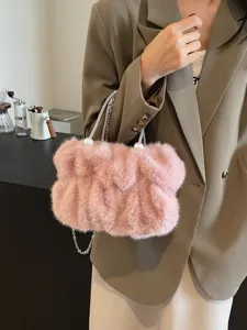 Women Sweet Faux Fur Bucket Bag 2025 Autumn Winter Plush Shoulder Bag With Rhinestone Pearl Handle Chain Crossbody Bag