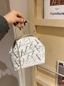 Fashion Sequin Shell Bag For Women Crossbody Mobile Phone Bag With Chain Strap Kiss Lock Closure Mini Party Evening Bag