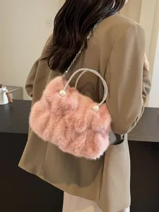 Sweet pink fluffy faux fur crossbody bag with sparkling rhinestone and pearl handles