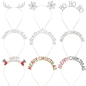 Detail view of nine festive crystal headbands with Christmas and New Year lettering designs
