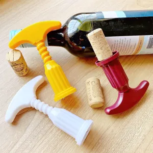 Plastic wine bottle opener set in yellow, white, and red colors displayed with corks.