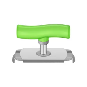 Ergonomischer Manueller Dosenöffner und Deckelöffner mit Grünem Griff und Edelstahlsockel.