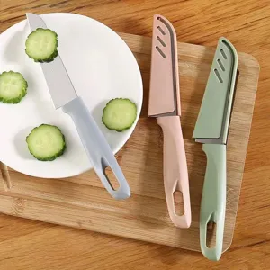 Vue détaillée de couteau à fruit en inox, gadget de cuisine portable avec étui de protection.