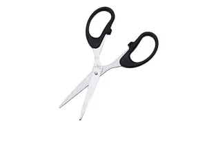 Stainless steel scissors detail view, ergonomic black handle for precise office and home cutting.