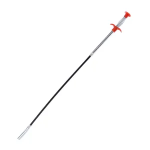 Flexible drain clog remover tool with red handle and steel claw for daily pipe cleaning.