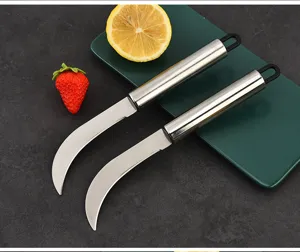Stainless steel curved fruit knife with black loop handle for easy peeling and slicing.