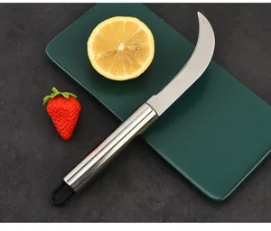 Stainless steel curved fruit knife detail view, sharp blade design for easy peeling and cutting.