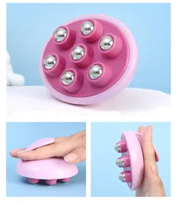 Handheld 7-ball body massage roller, pink plastic design with smooth metal rolling beads for muscle relief.