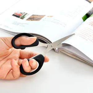 Stainless steel scissors office stationery household hand cutting tool with ergonomic black handle.