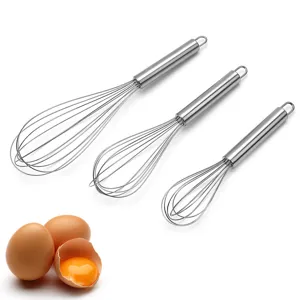 Stainless steel manual wire whisk set for baking, kitchen egg beater and cream blender tool.
