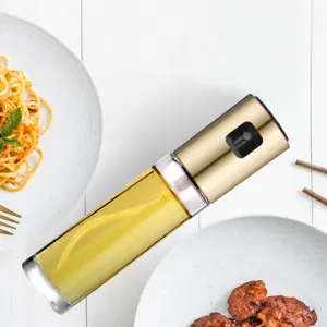 ABS glass oil spray bottle for cooking, BBQ and kitchen seasoning dispenser, clear and gold.