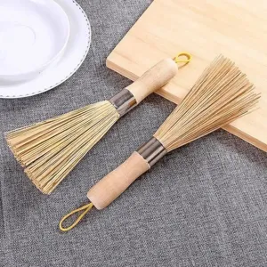 Natural bamboo pot brush with wooden handle and hanging loop for kitchen cleaning and dish washing