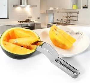 Stainless steel watermelon slicer tool detail showing kitchen use and yellow watermelon cutting.