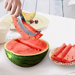 Stainless steel watermelon slicer cutter fruit tool kitchen gadget for fast easy cutting.