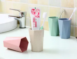 Wheat straw toothbrush cup geometric diamond mouthwash cup bathroom travel wash mug.