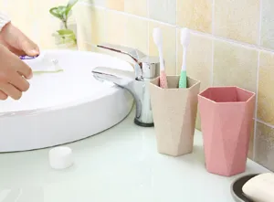 Wheat straw toothbrush cup thickened geometric diamond mouthwash mug travel bathroom tumbler