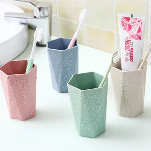 Wheat straw gargle cup set geometric diamond toothbrush holder bathroom travel rinsing cup