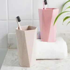Wheat straw toothbrush holder geometric diamond design thickened mouthwash cup for bathroom travel.