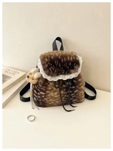 Autumn winter plush faux fur backpack with elegant lace trim and cute bear charm