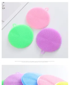 Round silicone dish scrubbing brush kitchen cleaning tool with hanging hole in multi colors