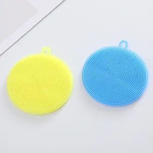 Silicone dish scrubber round kitchen cleaning brush with hanging hole for easy daily use.
