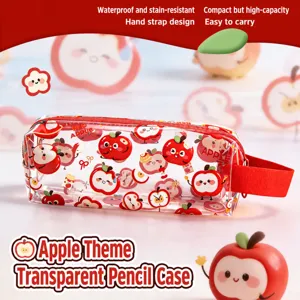 Cute Apple Pattern Transparent PVC Pencil Case Large Capacity Student Stationery Pouch With Red Zipper And Handle