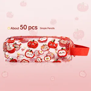 Transparent PVC pencil case detail view showing cute apple pattern design and red handle.