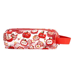 Clear PVC pencil case with cute cartoon apple prints, red zipper and carry handle.