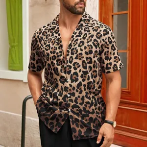 Camisa Hawaiana Casual de Manga Corta para Hombre Verano Playa Cuello Camisero Estampado de Leopardo Botonadura Cardigan Top