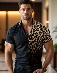 Vista detallada de la camisa de hombre manga corta estampado leopardo mitad negro estilo.