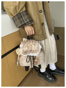 Furry deer-pattern backpack with lace trim detail for autumn and winter outfits