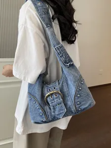 Retro Distressed Denim Shoulder Bag For Women Punk Rivet Big Belt Buckle Tote Bag Large Capacity Y2K Underarm Bag