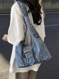 Stylish retro denim underarm bag for women with punk rivets and large belt buckle decoration