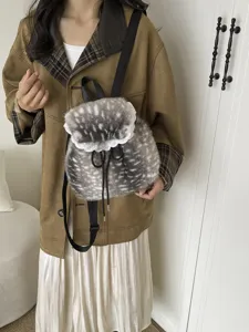 Cozy faux fur deer print backpack for women featuring delicate white lace trim details
