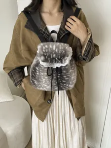 Furry faux fur backpack with lace trim and flap cover for casual autumn/winter style