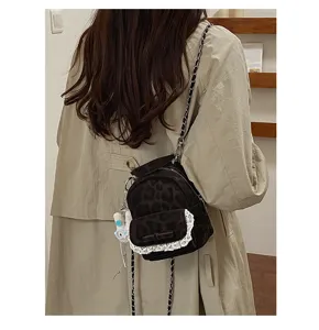 Mochila pequeña con estampado de leopardo de estilo coreano, encaje delicado y lazo frontal
