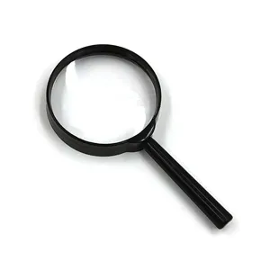 Closeup view of the handheld optical magnifying glass showing the durable black plastic handle.