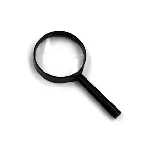 Detail view of a handheld optical magnifying glass with a black plastic handle and clear lens.