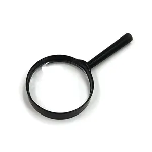 Handheld magnifying glass with black plastic handle and clear optical lens for reading daily use.