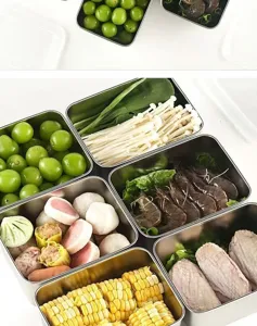 Stainless steel food storage container detailed view, airtight kitchen organizer box for fresh food.