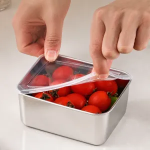 Stainless steel food storage box with transparent PP lid, kitchen fruit bento container crisper