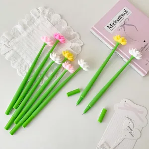 Detailed view of silicone gel pens featuring various colorful lotus flower tops on green stems.